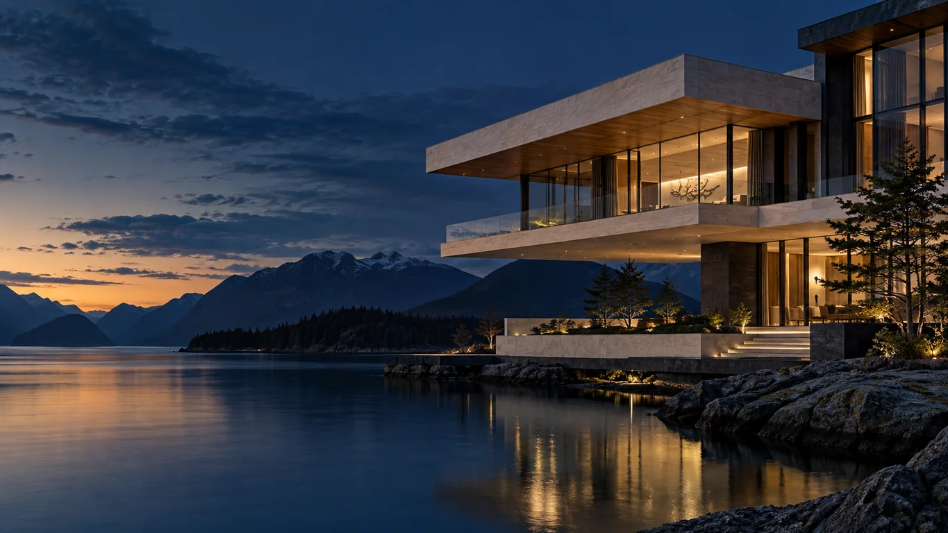 Concept image of contemporary coastal architecture overlooking mountains and water at dusk
